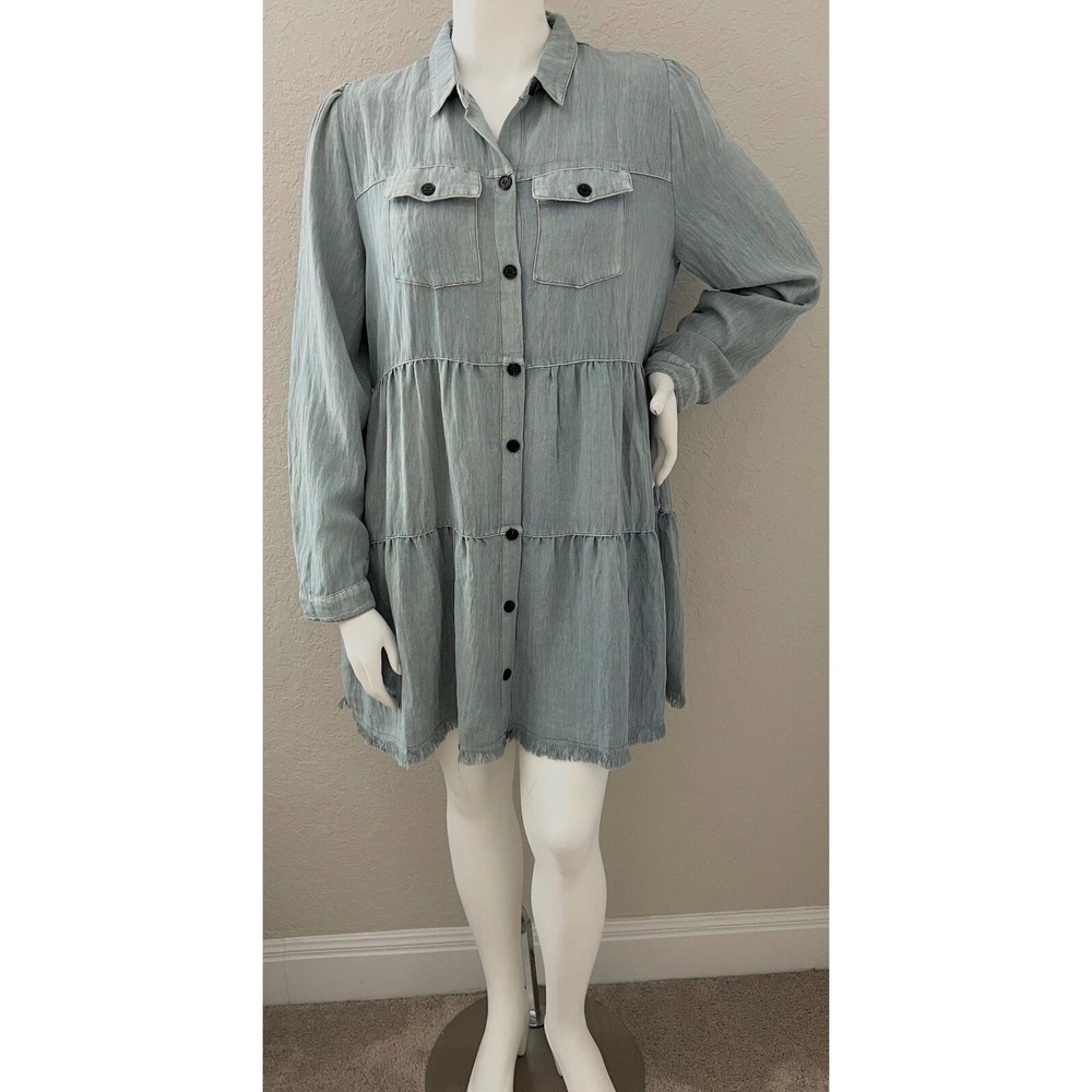 Umgee USA Light Denim Button Down Tiered Fringe Hem Dress Extra Large